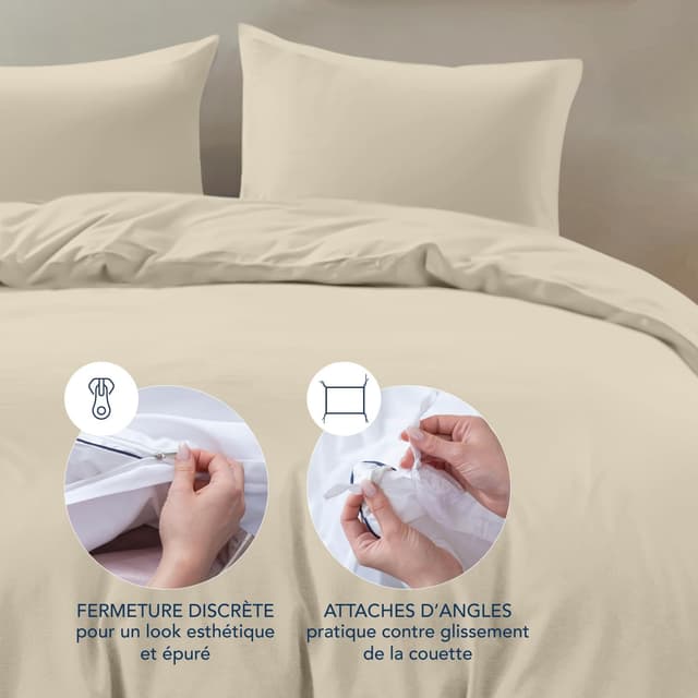 Detalle de Dreamzie – Lot de 2 housses de couette 135x200 avec 2 taies 80x80 en microfibre douce beige (parure 4 pièces, Oeko-Tex)