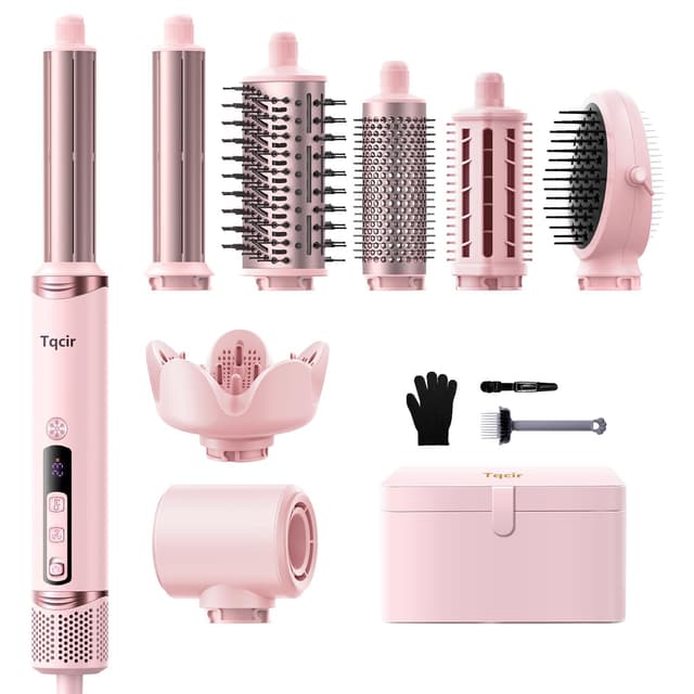 Detalle de Tqcir 8-in-1 Professional Hot Air Styler & Hair Dryer Brush (Pink) with Auto-Wrap Curler + Storage Case
