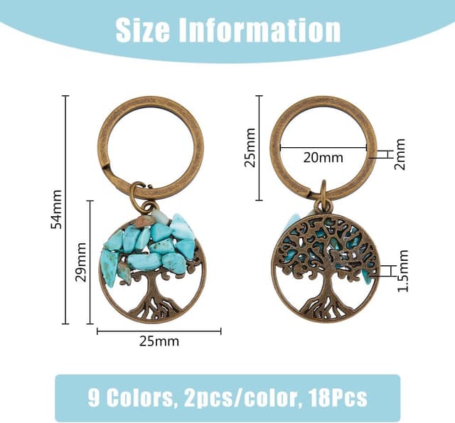 Detalle 2 de SUPERFINDINGS 18-piece Tree of Life gemstone keychains in 9 colours (gemstone-style charm keyring set)