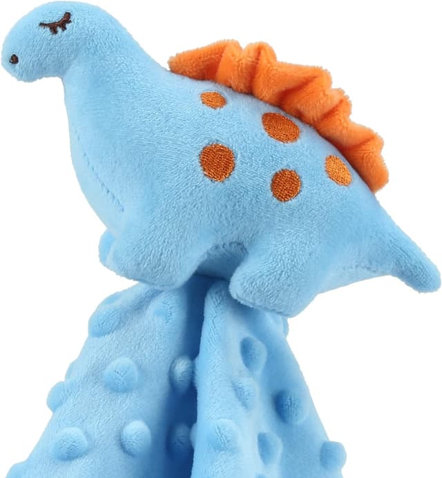 Detalle de CREVENT Baby Comforter for Sleeping (Mink Dot Front + Fleece Back) – Blue Dinosaur Plush Security Blanket, 34 x 34 cm