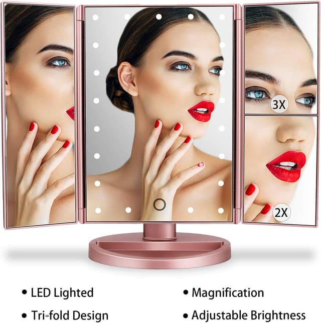 Detalle de deweisn Dresser Mount Tri-Fold Lighted Vanity Mirror with 21 LEDs, Touch Screen, and 3X/2X/1X Magnification