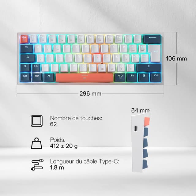 Thumbnail 6 de Redragon K617 clavier mécanique filaire 60% RVB RVB rouge linéaire – AZERTY FR