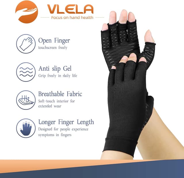 Detalle de Vlela Copper Arthritis Compression Gloves (Fingerless) — Medium for Joint Support, Pain Relief & Swelling