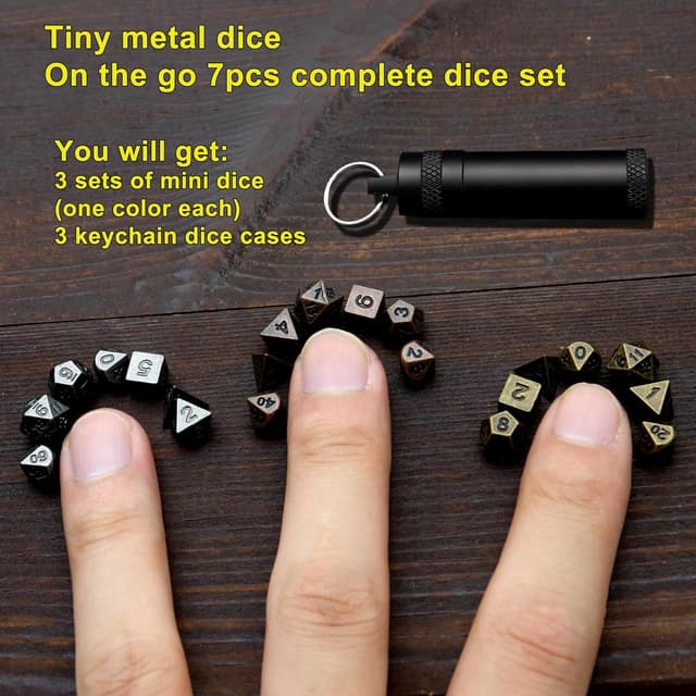 Detalle de Haxtec Mini-Würfel-Set: winzige Metall-DND-Würfel mit Würfeletui, tragbar für Schlüsselanhänger (3 Sets)