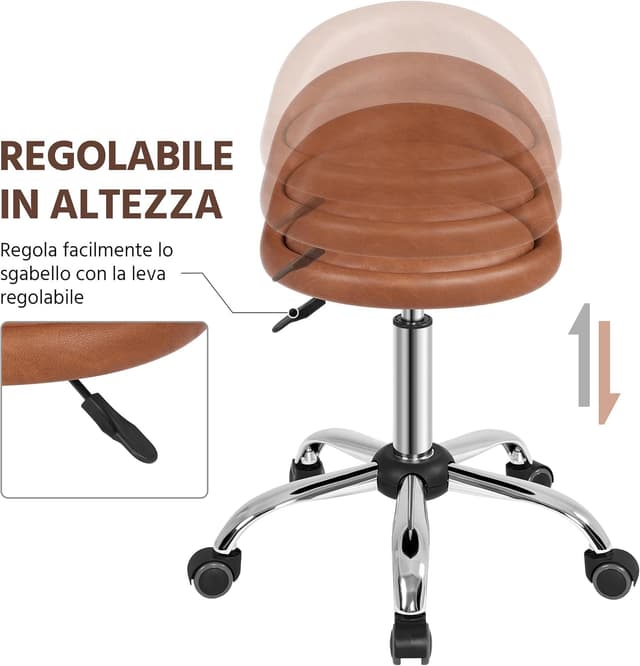 Detalle 2 de Yaheetech sgabello estetista con ruote regolabile in altezza, girevole 360° e schienale in ecopelle