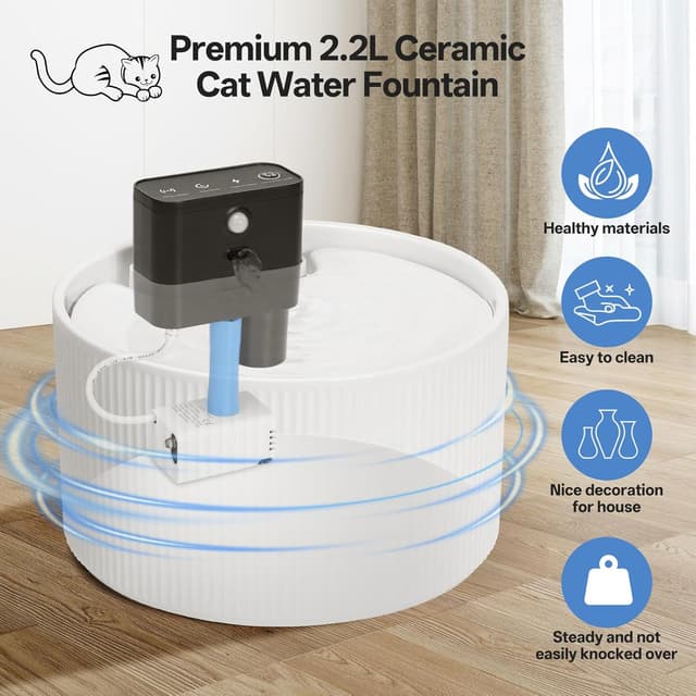 Detalle 2 de Feriva 2.2L Ceramic Wireless Cat Water Fountain (Cordless, 4000mAh, Motion Sensor) – Porcelain White
