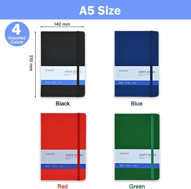 Detalle 2 de SUQJOY A5 Lined Hardback Notebook Set (Pack of 4) with Elastic Strap, 140 x 210 mm