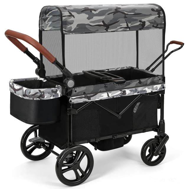 Detalle de ELEMARA All-Terrain Stroller Wagon for 2 Kids (Foldable, Push/Pull Handle, Canopy & Mosquito Net) — Black+White