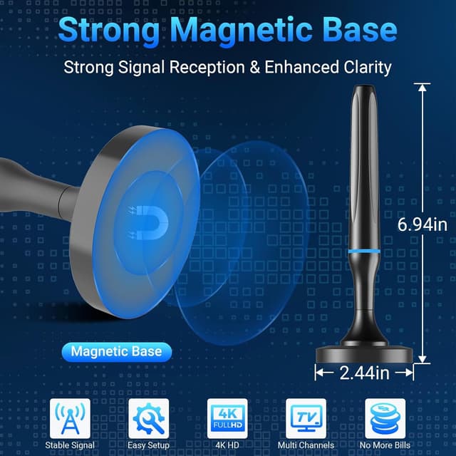 Detalle de Indoor TV Aerial with Magnetic Base – Freeview HD Reception, 360° Range for VHF/UHF & DAB