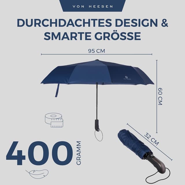 Detalle de VON HEESEN Taschenschirm sturmfest bis 140 km/h inkl. Schirm-Tasche & Reise-Etui