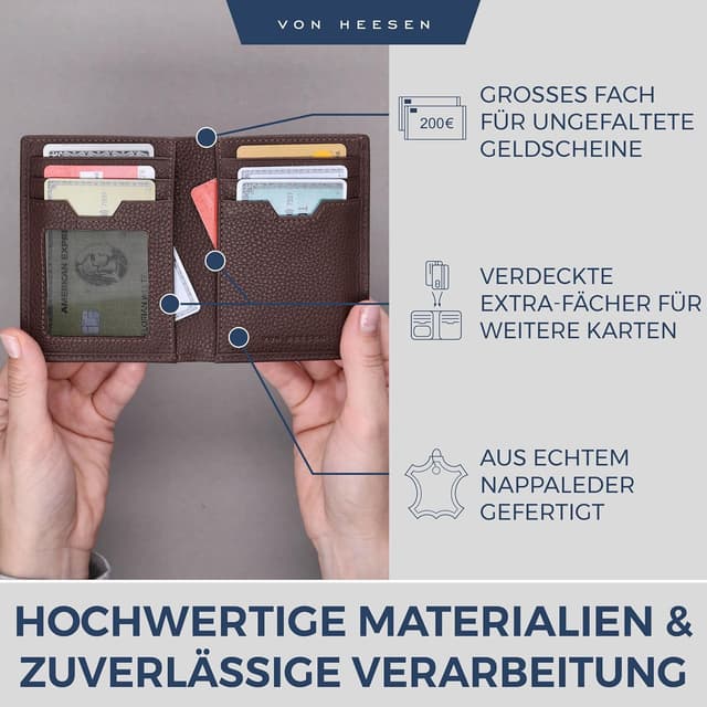 Detalle de VON HEESEN Leder-Geldbörse mit Münzfach & RFID-Schutz – Echtleder Portemonnaie in Braun