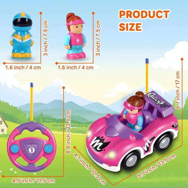 Detalle de Pup Go RC Race Car for Toddlers (18 Months+) with Horn Sounds, Flashing Lights & 2 Removable Dolls – Pink Purple