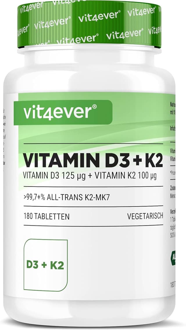 Detalle de vit4ever Vitamine D3 + K2 Dépôt (180 comprimés) – 5000 UI D3 et 100 µg K2 MK7
