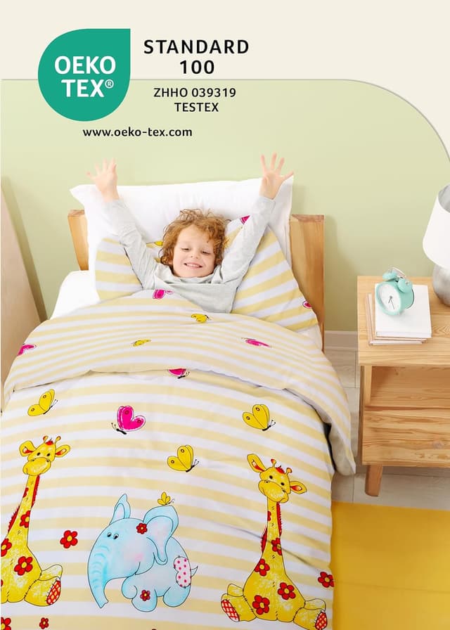 Detalle 2 de Gräfenstayn® 2-tlg. Kinderbettwäsche-Set mit Tiermotiv (Giraffe & Elefant) aus 100% Baumwolle