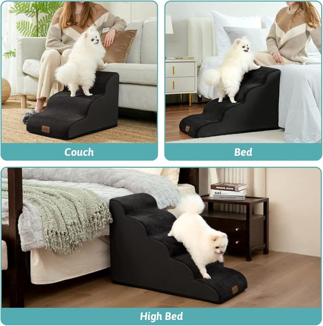 Detalle de COZY KISS Hundetreppe für kleine Hunde mit 5 Stufen, waschbarem Bezug und rutschfestem Boden (Schwarz)