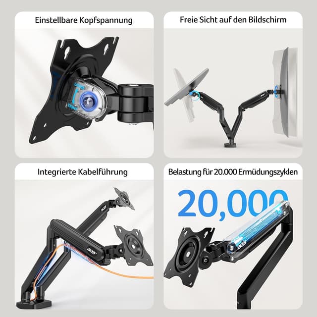 Detalle 2 de Acer Dual-Monitor Halterung für 2 Monitore (17–32 Zoll) – Gasfederarm, VESA 75/100, neig- schwenk- drehbar