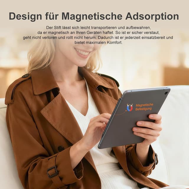 Detalle 2 de Android Tablet Stift mit 3 POM-Federspitzen und USB‑C Schnellladung (magnetische Haftung) – Stylus Pen Type‑C für Touchscreens, Schwarz