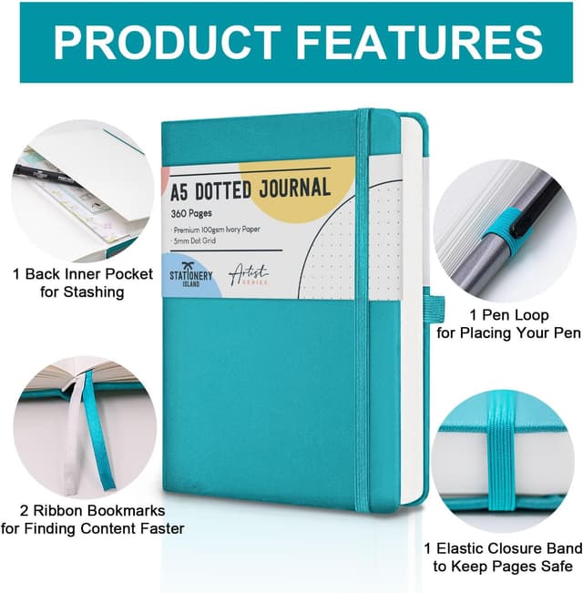 Detalle de STATIONERY ISLAND Carnet A5 pointillé 360 pages avec couverture rigide et porte-stylo