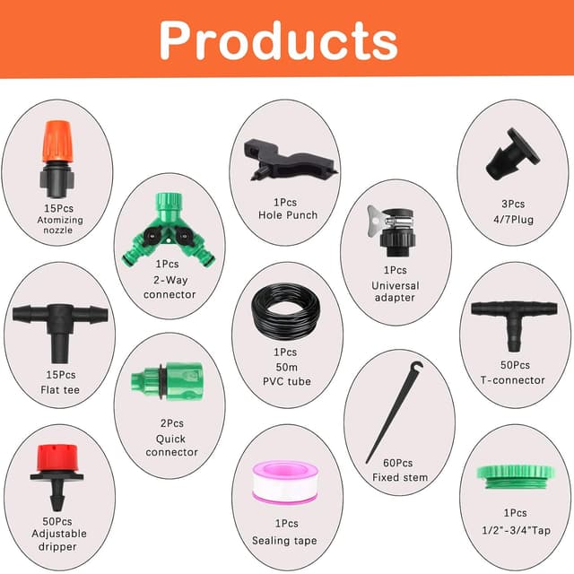 Detalle 2 de 164FT/50M Irrigation System Kit Automatic Drip Irrigation with 202PCS Tubing & Accessories