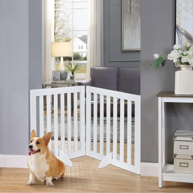 Detalle de unipaws 61 cm Free Standing Pet Gate (White) – foldable wooden barrier for dogs and cats