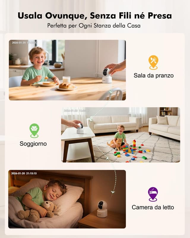 Detalle de Mrowly 4MP 2.5K Telecamera WiFi interna senza fili con batteria 6000 mAh, visione notturna a colori e audio bidirezionale