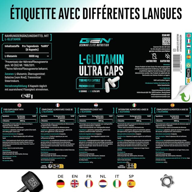 Detalle 2 de GEN German Elite Nutrition L-Glutamine Ultra Caps – 365 gélules de 1.100 mg (L-glutamine pure)