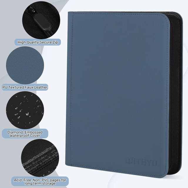 Detalle de WITHYU 16 Taschen Sammelalbum für Karten (1024 Karten, Indigoblau) mit seitlichem Einschub und Reißverschluss
