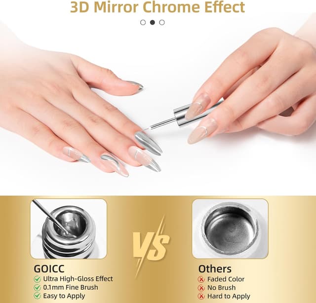 Detalle 2 de GOICC 2 smalti gel cromati argento e oro metallizzato per nail art 3D effetto specchio, con pennello sottile (richiede 8 ml)