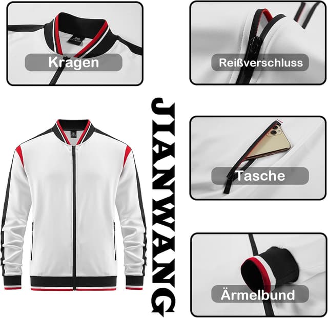Detalle de W JIANWANG Herren Trainingsanzug & Jogginganzug mit Langarm-Reißverschluss – Jacke und Hose
