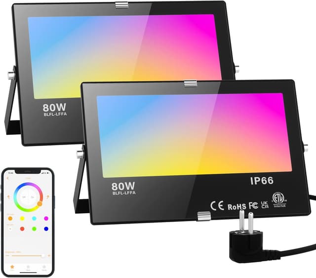 Detalle de RGB LED Außen-Strahler 80W (2er-Set) mit Bluetooth-App-Steuerung, IP66 – kühles Weiß + Millionen Farben