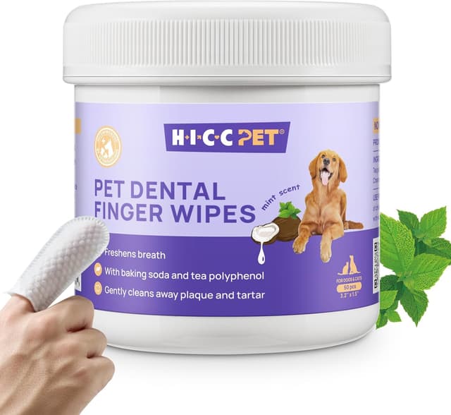 Detalle de HICC PET Dental Finger Wipes for Dogs & Cats – Toothbrush-free plaque & tartar remover wipes with coconut oil