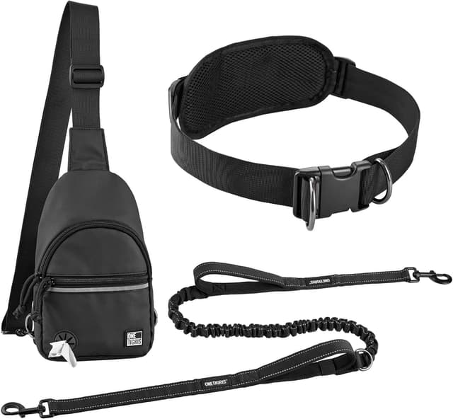 Detalle de OneTigris laisse de jogging pour chien avec ceinture rembourrée, poche poitrine et double poignée (3 en 1)