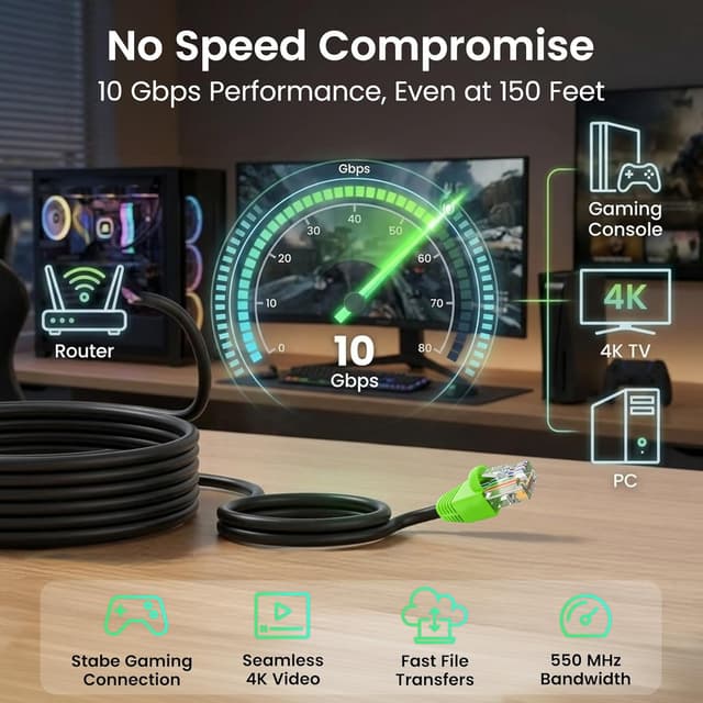 Detalle de GEARit Cat6 Ethernet Cable 150ft for Outdoor Direct Burial (24AWG, UV-Resistant, Waterproof Jacket) — Black