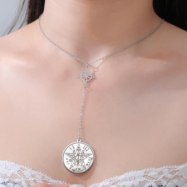 Detalle de VASSAGO Hexenknoten-Halskette aus Edelstahl mit Tetragrammaton & Pentagramm