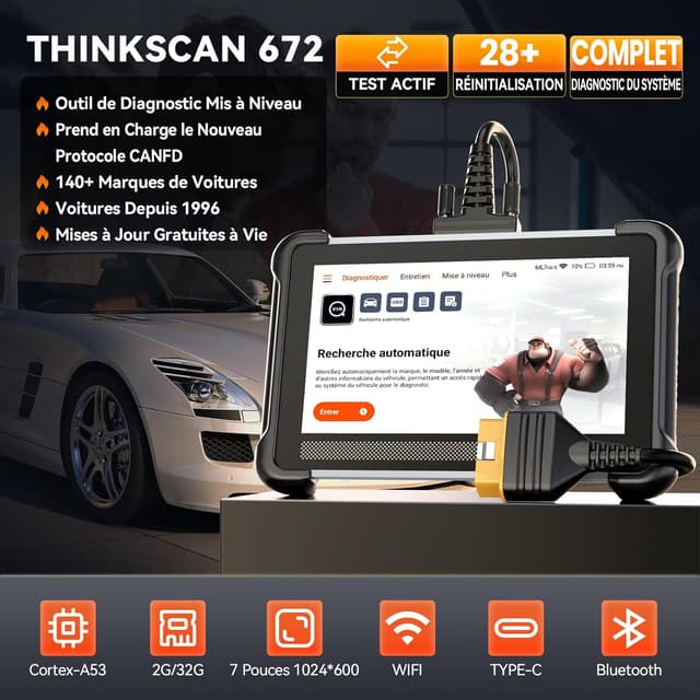 Detalle 2 de THINKCAR ThinkScan 672 : valise diagnostic auto OBD2 bi-directionnel avec réinitialisations