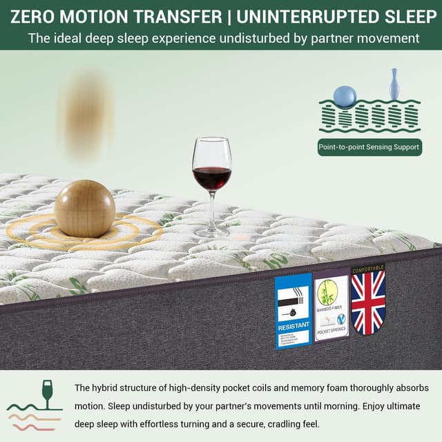 Thumbnail 6 de Mutsault Double Mattress 4FT6 Hybrid Pocket Sprung with Memory Foam & Bamboo Cover (Medium Firm, 22cm)