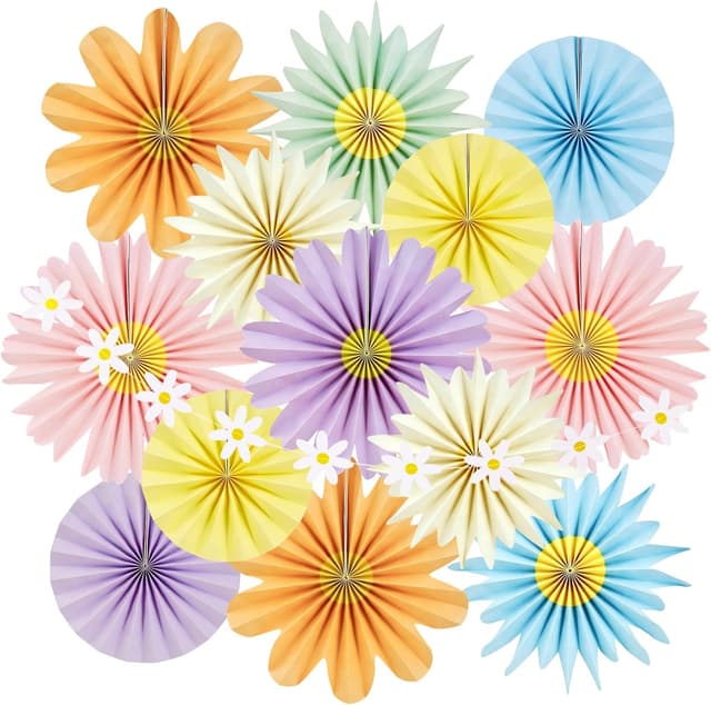 Detalle de SUNBEAUTY 14 Papier-Fächer Deko-Set mit Blumen-Girlande in zarten Pastelltönen