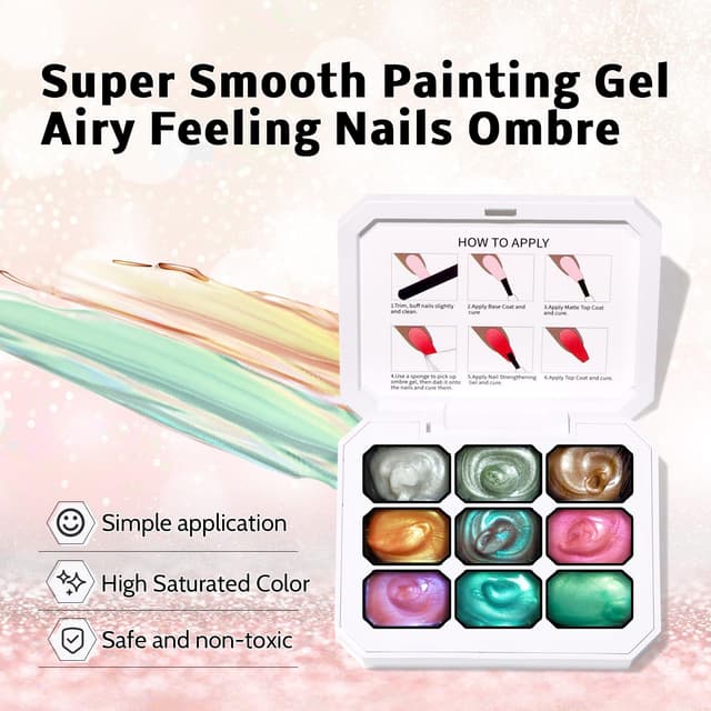 Detalle de Sponge Pat Paint Nail Gel (9-Color) for Ombre, Blending & Aurora Mermaid Chrome/Silk Satin Effects
