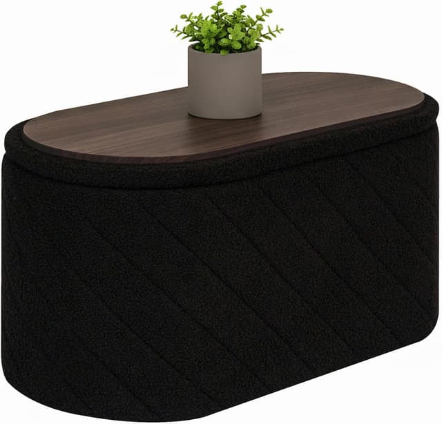 Detalle de Bonlife Oval Ottoman with Storage Bench (Boucle) – Black, 76x38x38cm
