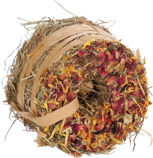 Detalle de Flamingo Ciambella di Fieno 65 gr con fiori di tarassaco e petali di rosa (100% naturale, senza zuccheri)