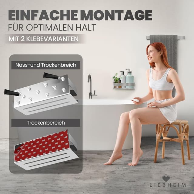 Detalle de LIEBHEIM Duschablage ohne Bohren – Badregal & Duschkorb mit Edelstahlablage, Klebemontage und Haken