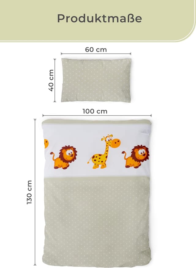 Detalle de Gräfenstayn® 2-tlg. Kinderbettwäsche-Set Giraffe & Löwe, 100% Baumwolle Renforcé, mit integriertem Reißverschluss (135x100 & 60x40)