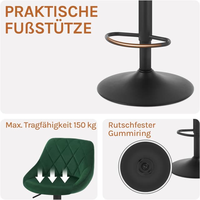 Thumbnail 6 de WOLTU Barhocker 2er Set mit Lehne, höhenverstellbar & drehbar (dunkelgrün)