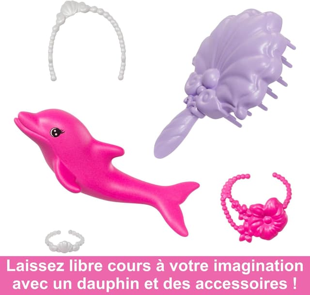 Detalle de Barbie Sirène « Malibu » HRP97 aux cheveux roses (changement de couleur) avec accessoires coiffure et mini dauphin