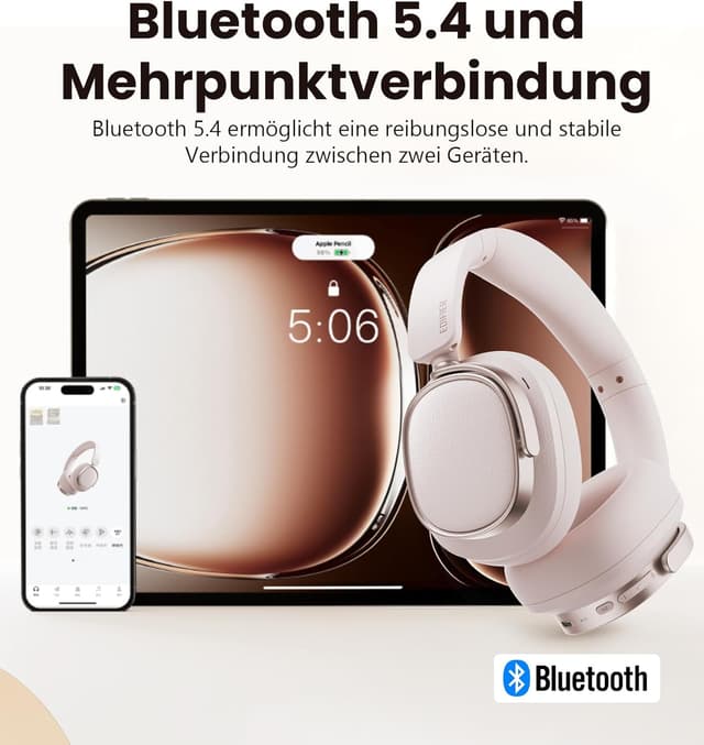 Detalle de Edifier ES850NB kabellose Over-Ear-Kopfhörer mit ANC, LDAC & bis zu 92 h Spielzeit (Bluetooth 5.4, Multipoint) – Rosa