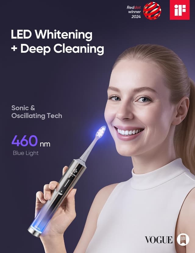 Detalle 2 de bixdo Whitening Electric Toothbrush with 460nm Blue Light, Smart AI Sensor, and 6-Month Battery
