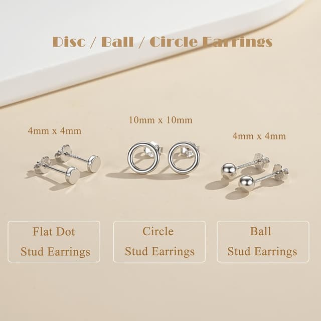 Detalle de Loutade Ohrstecker Set aus 925 Sterling Silber – 3 Paar (Kreis, Kugel, Scheibe) hypoallergen