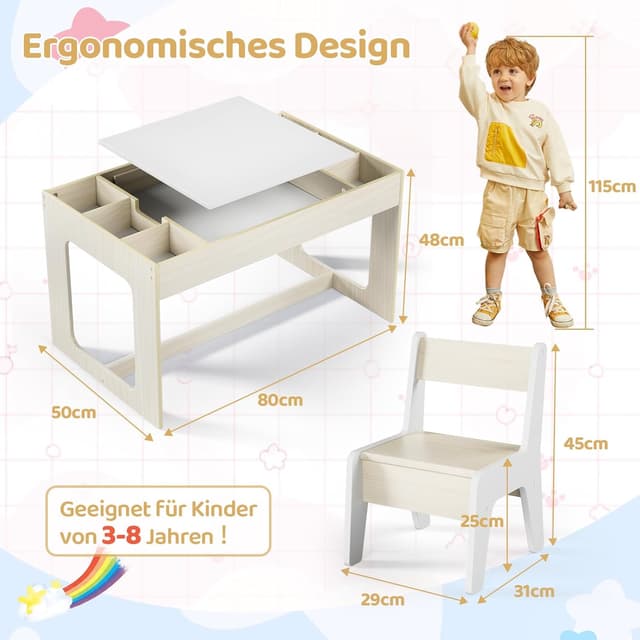 Detalle de Clevich Kindersitzgruppe mit Stauraum: Kindertisch mit 2 Stühlen und drehbarer Tischplatte (für ab 3 Jahren)