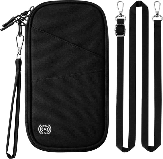 Detalle de DUGRAFT Multiple Passport Holder Travel Family (RFID Blocking) – Waterproof Black Document Wallet with Straps