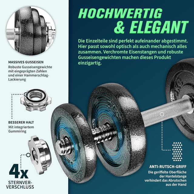 Detalle de RE:SPORT 2-in-1 Hantelset 15–60 kg (Gusseisen) – Kurzhantel & Langhantel mit Verbindungsrohr